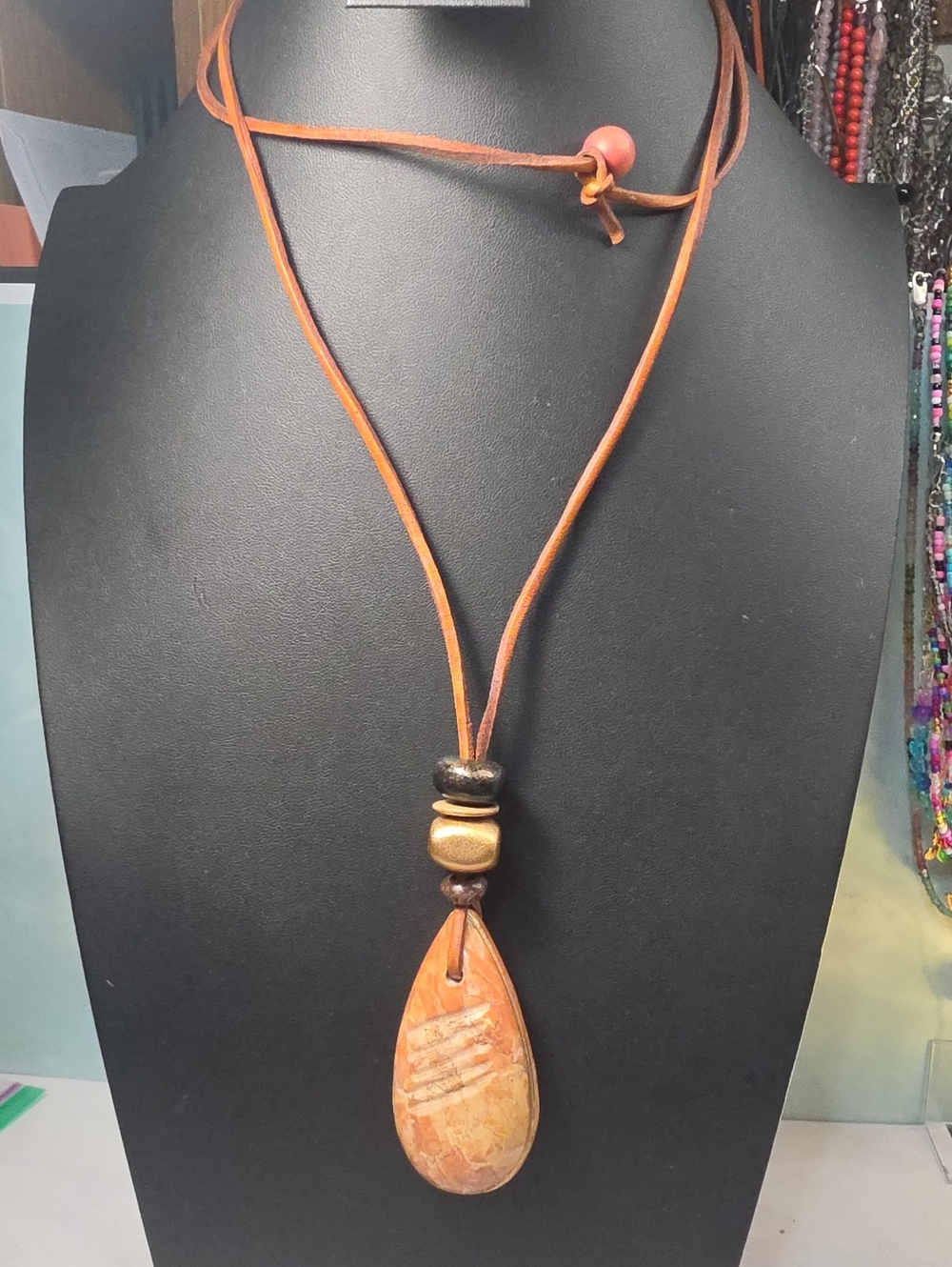 Handcrafted Brown Leather Pendant Necklace with Teardrop Stone